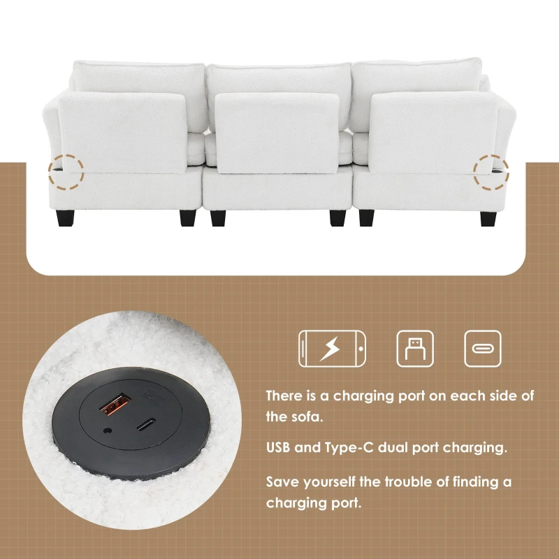 92" x 63" Modern L-Shaped Teddy Velvet Sectional Sofa with Charging Ports, Storage Ottoman and 3 Pillows, for Living Room, Beige