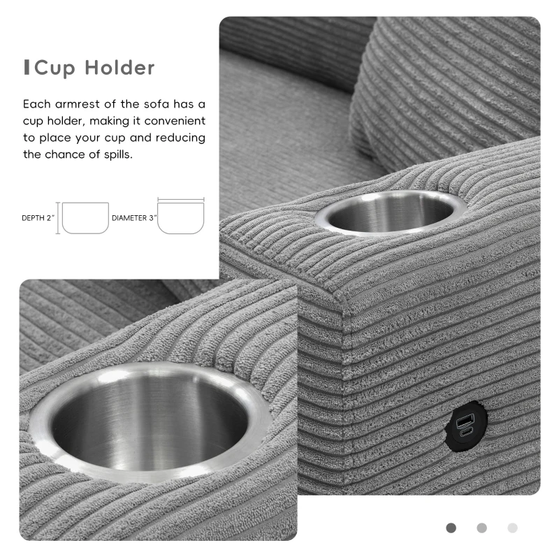 Oversized Corduroy Sectional Sofa with USB Charging Port and Cup Holder, Deep Seat Sofa Bed with 50" Chaise, 134″ L x 54″ W x 25″ H, Gray