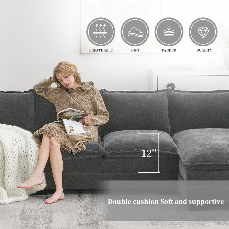 118" x 55" Modern L-Shaped Chenille Cloud Sofa with Double Seat Cushions and Chaise Lounge, 5-Seat Couch for Living Room, Gray