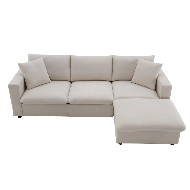 Modern L-Shaped 4-Seat Polyester Fabric Sectional Sofa Set with Convertible Ottoman and 2 Free Pillows, for Living Room, Beige