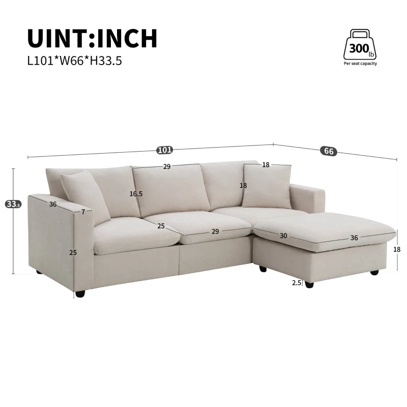 Modern L-Shaped 4-Seat Polyester Fabric Sectional Sofa Set with Convertible Ottoman and 2 Free Pillows, for Living Room, Beige