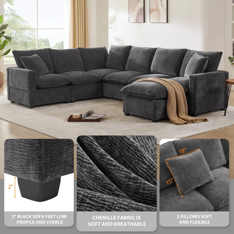 110" x 84" Modern U-Shape 7-Seat Chenille Modular Sofa Set with 2 Pillows, Freely Combinable for Living Room, 110″ L x 84″ W x 37″ H, Black+Gray