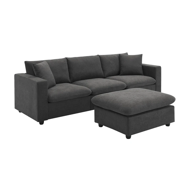 Modern L-Shaped 4-Seat Polyester Fabric Sectional Sofa Set with Convertible Ottoman and 2 Free Pillows, for Living Room, Dawn Gray