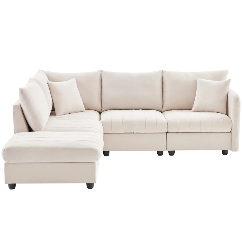 89" x 79" Modern Sectional Sofa with Vertical Stripes and 2 Pillows, 5-Seat Couch with Convertible Ottoman, for Living Room, Beige