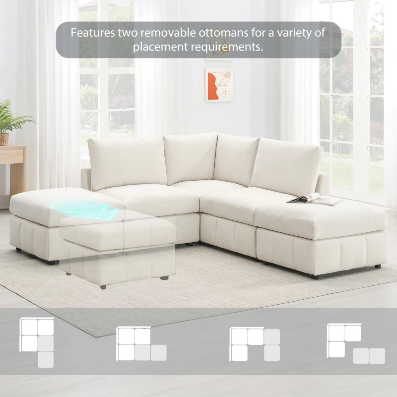 93" Modern Sectional Sofa with Convertible Ottomans and Vertical Stripes, 5-Seat L-Shape Armless Couch Set for Living Room, Beige