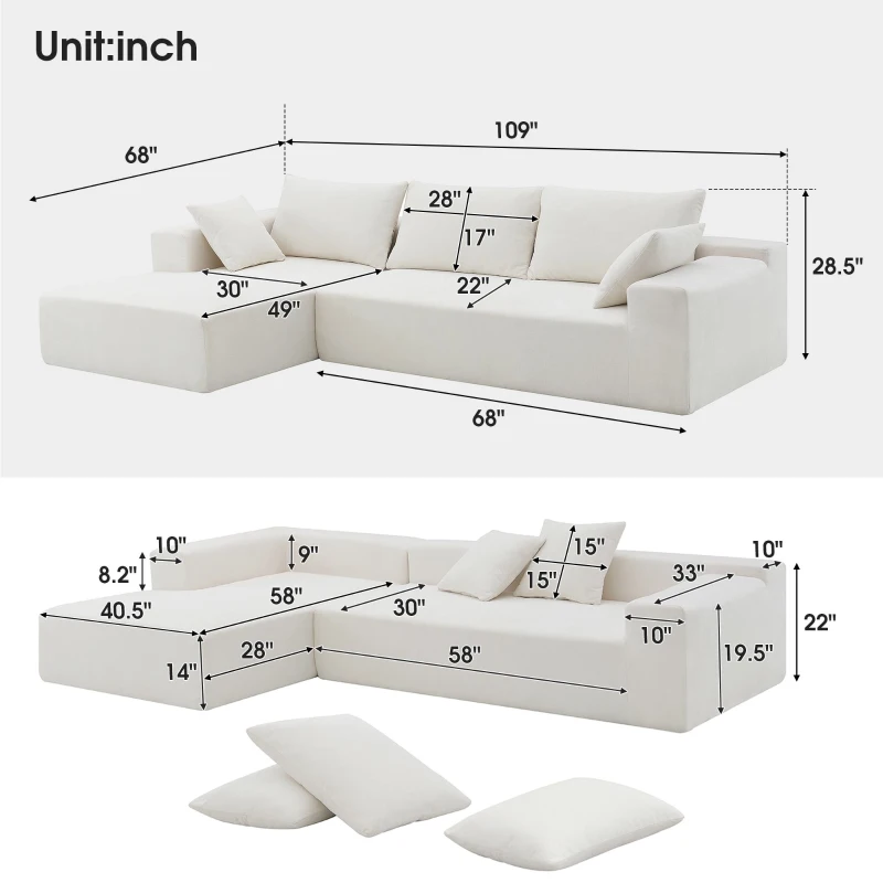 109" x 68" Modern Minimalist Upholstered Sleeper Couch with Square Arms and Pillows, No Assembly Required, Cream