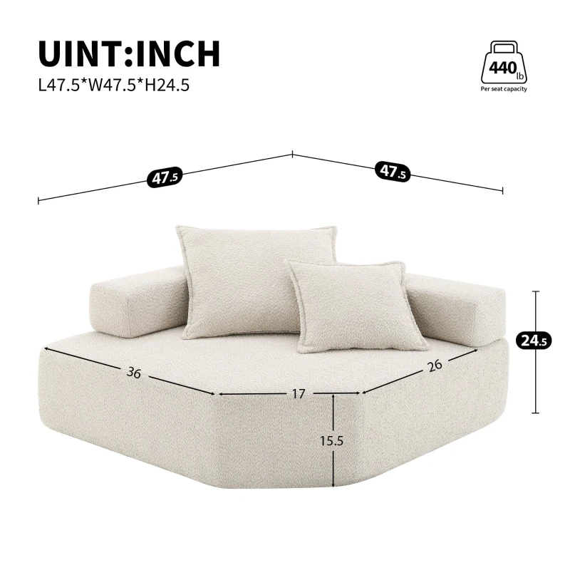 Corner Frame for Oversized Modular U Shaped Sectional Sofa, Spacious Foam-Filled Sofa Bed for Living Room, 47.5" L x 47.5" W x 24.5" H, Beige