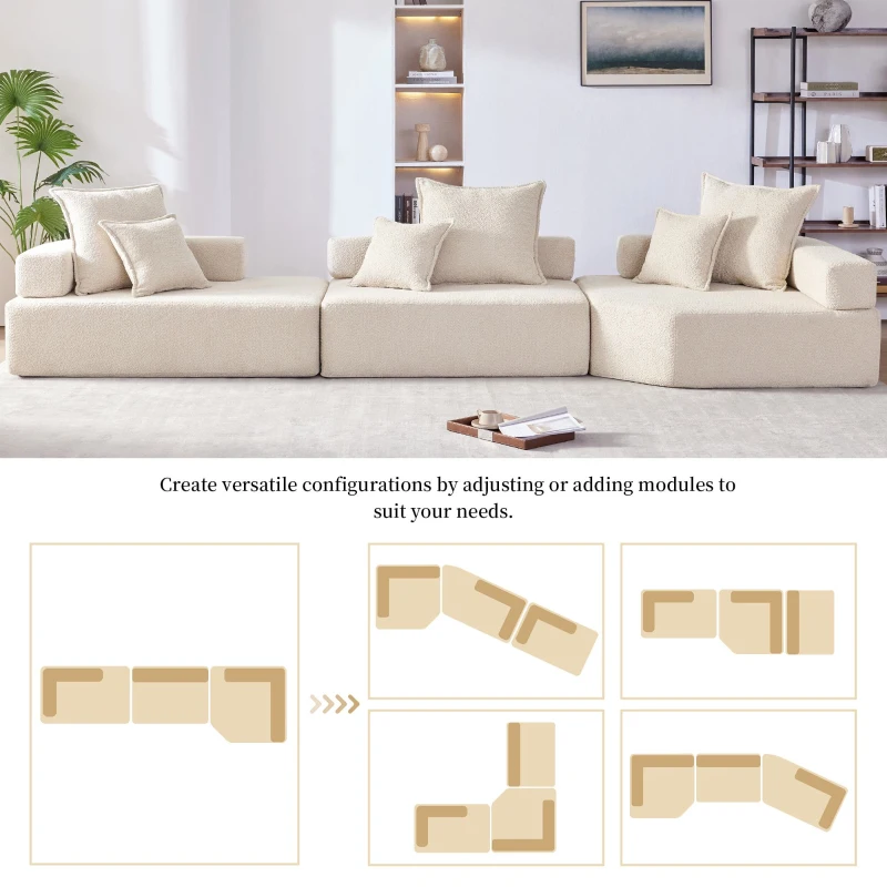 Oversized Modular Sectional Sofa with 3-Piece Free Combination, Convertible Sleeper Couch for Living Room, 151.5" L x 47.5" W x 24.5" H, Beige