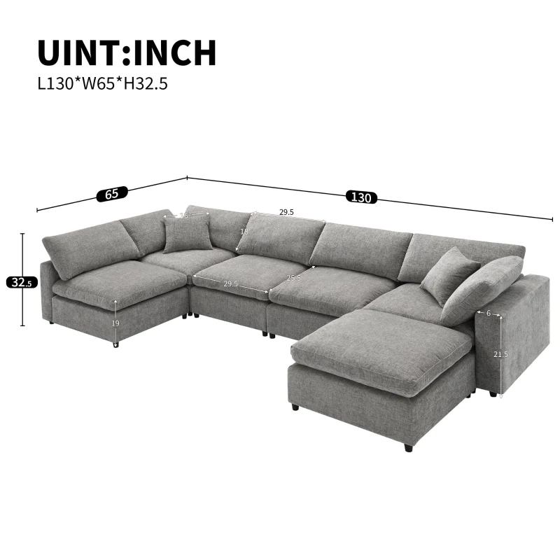 130" x 65" Modern Modular Cloud Sofa Bed with Ottoman, 6-Seat, Convertible U Shaped Sofa for Living Room, Apartment, Gray