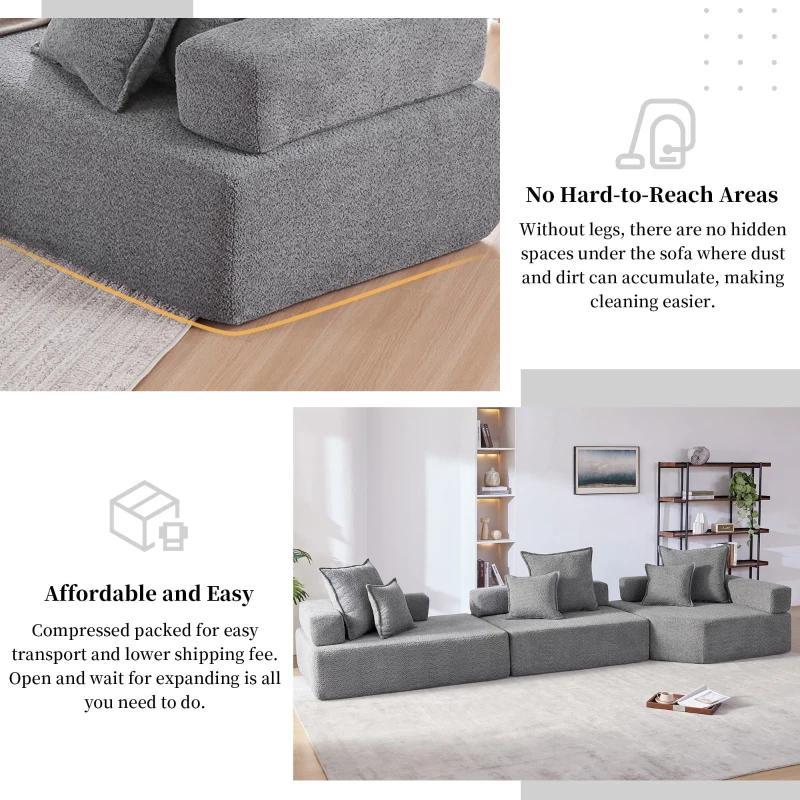 Oversized Modular Sectional Sofa with 3-Piece Free Combination, Convertible Sleeper Couch for Living Room, 151.5" L x 47.5" W x 24.5" H, Gray