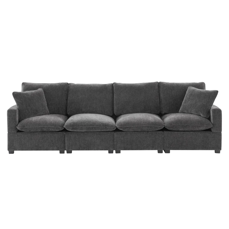110" Modern 4-Seat Chenille Modular Sofa Set with 2 Pillows, Freely Combinable, for Living Room, 110″ L x 29″ W x 37″ H, Black+Gray