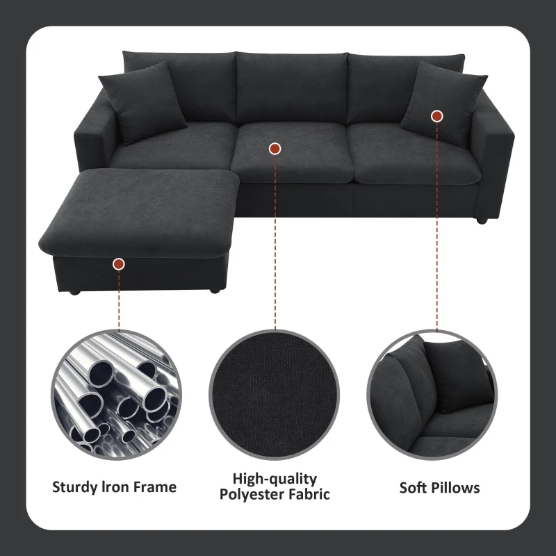 Modern L-Shaped 4-Seat Polyester Fabric Sectional Sofa Set with Convertible Ottoman and 2 Free Pillows, for Living Room, Black