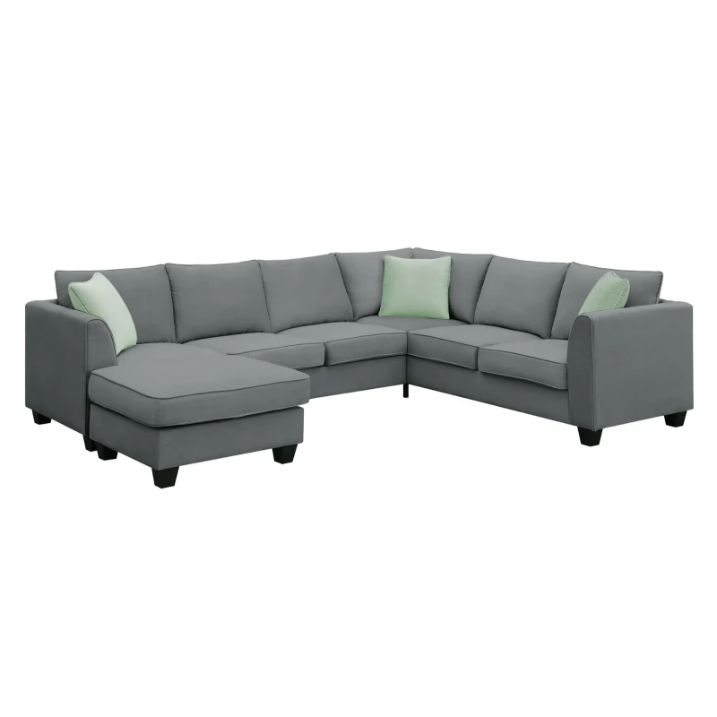 112" x 87" 7-Seater Modular Sofa with Ottoman and 3 Pillows, L-Shaped Fabric Couch Set, Modern Living Room Furniture, Gray