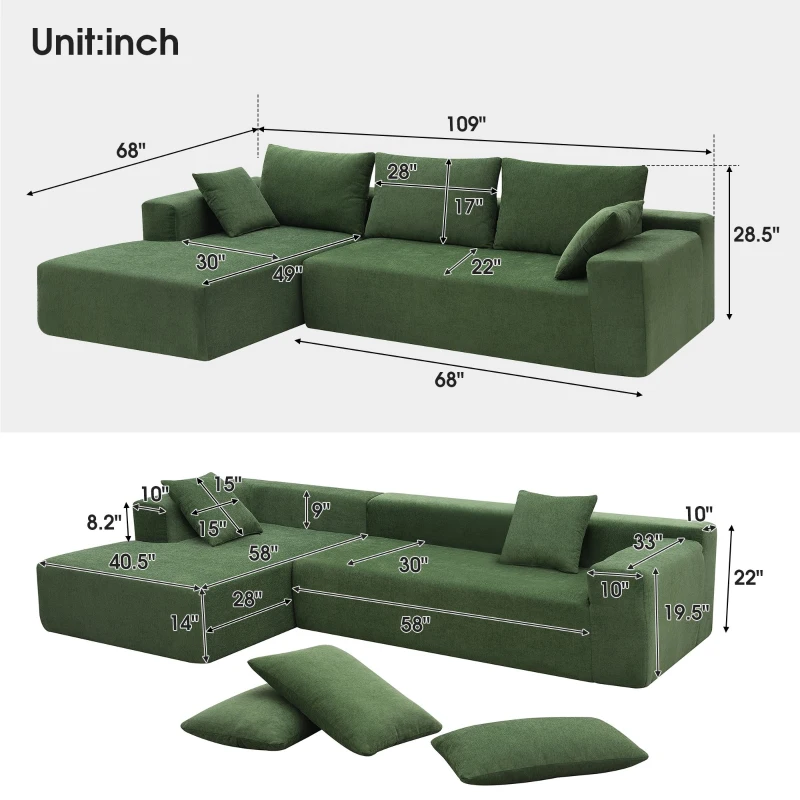 109" x 68" Modern Minimalist Upholstered Sleeper Couch with Square Arms and Pillows, No Assembly Required, Green