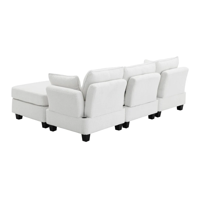 92" x 63" Modern L-Shaped Teddy Velvet Sectional Sofa with Charging Ports, Storage Ottoman and 3 Pillows, for Living Room, Beige