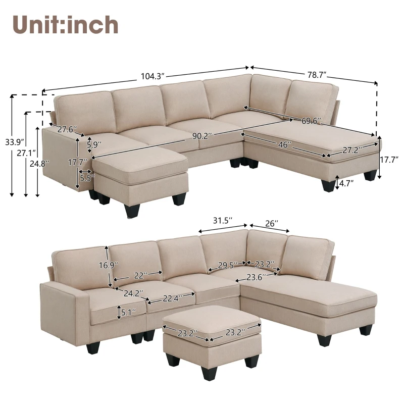 104.5" x 79" Modern L-Shaped 7-Seat Sectional Sofa with Chaise Lounge and Convertible Ottoman, Linen Fabric Couch for Living Room, Khaki