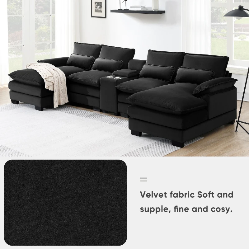 123" Modern U-Shaped 6-Seat Upholstered Sleeper Sofa Set with Console, Cupholders, USB Ports, and Chaise, 123″ L x 55″ W x 33″ H, Black