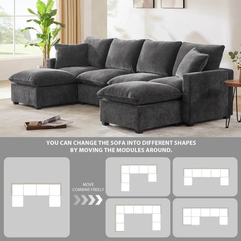 110" Modern U Shape Modular Sofa with 2 Pillows, 6 Seat Chenille Sectional Couch Set, Freely Combinable, 110″ L x 57″ W x 37″ H, Black+Gray