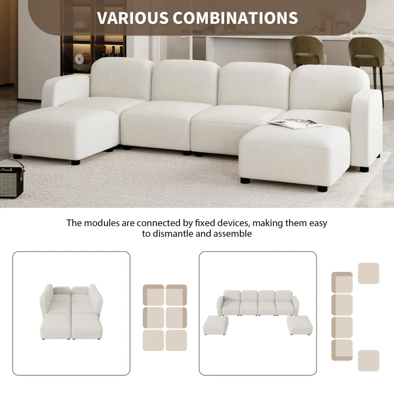 116" x 58" Velvet Modular Sectional 6-Seat Sleeper Sofa with Ottoman, U-Shaped Convertible Indoor Furniture for Living Room, Beige