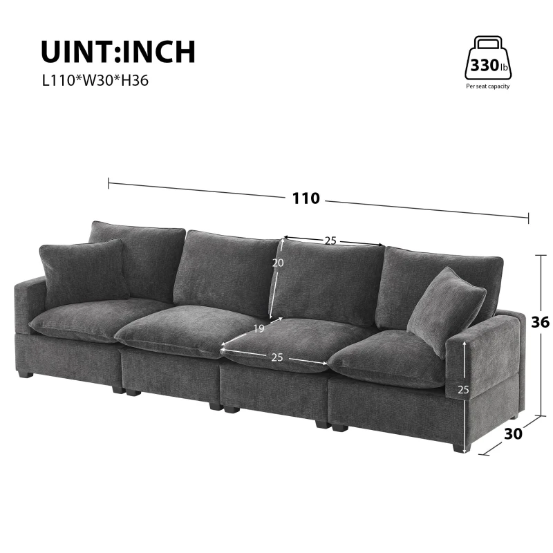 110" Modern 4-Seat Chenille Modular Sofa Set with 2 Pillows, Freely Combinable, for Living Room, 110″ L x 29″ W x 37″ H, Black+Gray