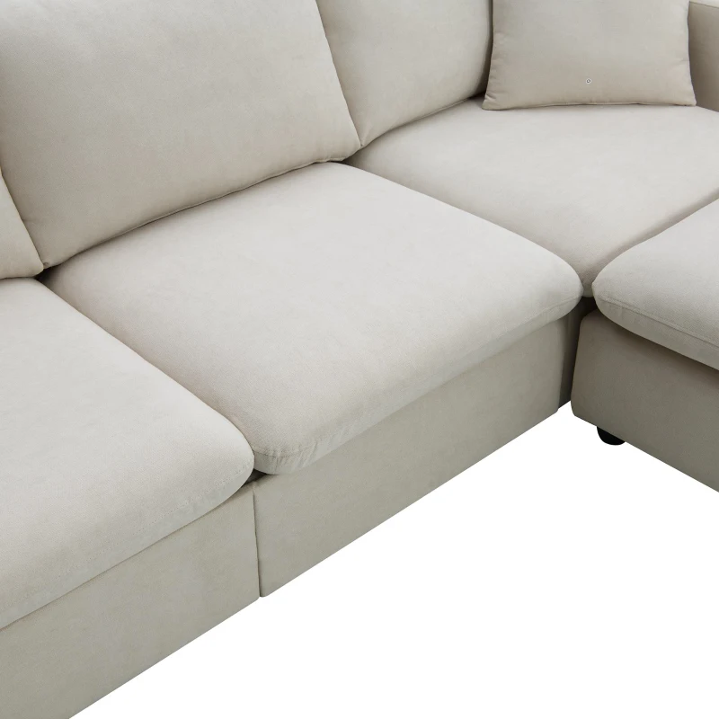 Modern L-Shaped 4-Seat Polyester Fabric Sectional Sofa Set with Convertible Ottoman and 2 Free Pillows, for Living Room, Beige