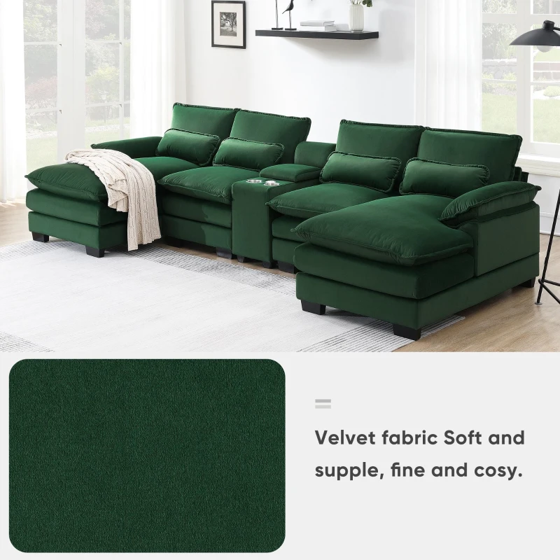 123" Modern U-Shaped 6-Seat Upholstered Sleeper Sofa Set with Console, Cupholders, USB Ports, and Chaise, 123″ L x 55″ W x 33″ H, Green