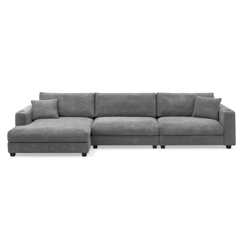 Oversized Corduroy Sectional Sofa with USB Charging Port and Cup Holder, Deep Seat Sofa Bed with 50" Chaise, 134″ L x 54″ W x 25″ H, Gray