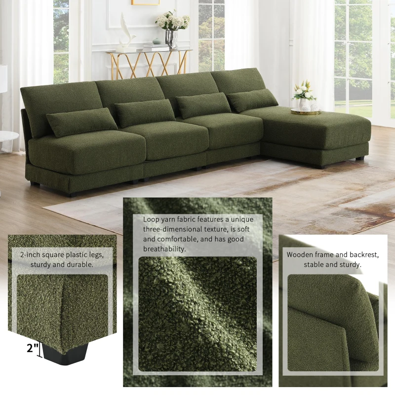 Oversized Deep Seat Sectional Sofa with Reversible Chaise, Loop Yarn Fabric, 5-Seat Couch for Living Room, 120″ L x 61″ W x 33″ H, Green