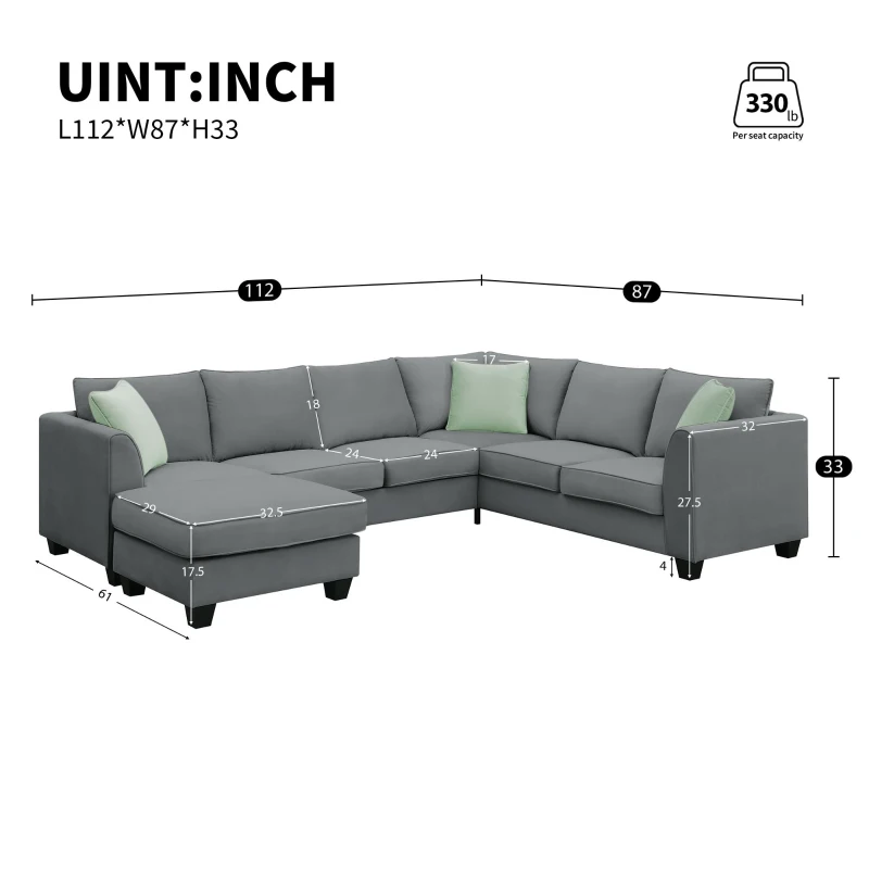 112" x 87" 7-Seater Modular Sofa with Ottoman and 3 Pillows, L-Shaped Fabric Couch Set, Modern Living Room Furniture, Gray