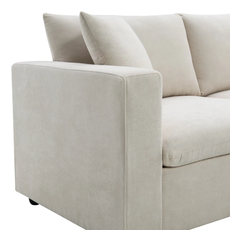Modern L-Shaped 4-Seat Polyester Fabric Sectional Sofa Set with Convertible Ottoman and 2 Free Pillows, for Living Room, Beige