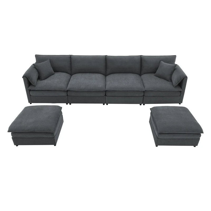 134" Chenille Modular Sectional 6 Seat Sleeper Sofa Bed with Ottomans, Double Cushions, for Living Room, 134″ L x 66″ W x 35″ H, Dark Gray