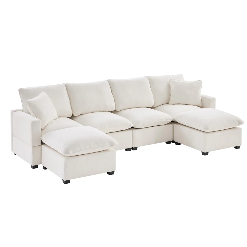 110" Modern U Shape Modular Sofa with 2 Pillows, 6 Seat Chenille Sectional Couch Set, Freely Combinable, 110″ L x 57″ W x 37″ H, White