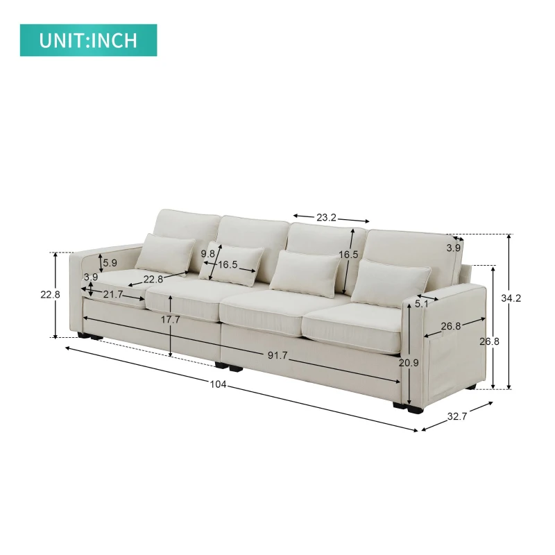 104" 4-Seater Modern Linen Fabric Sofa with Armrest Pockets and 4 Pillows, Minimalist Style, 104″ L x 33″ W x 34.5″ H, Beige