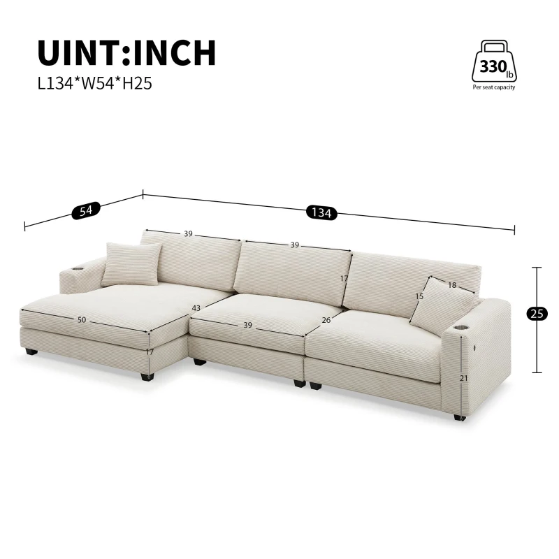 Oversized Corduroy Sectional Sofa with USB Charging Port and Cup Holder, Deep Seat Sofa Bed with 50" Chaise, 134″ L x 54″ W x 25″ H, Beige