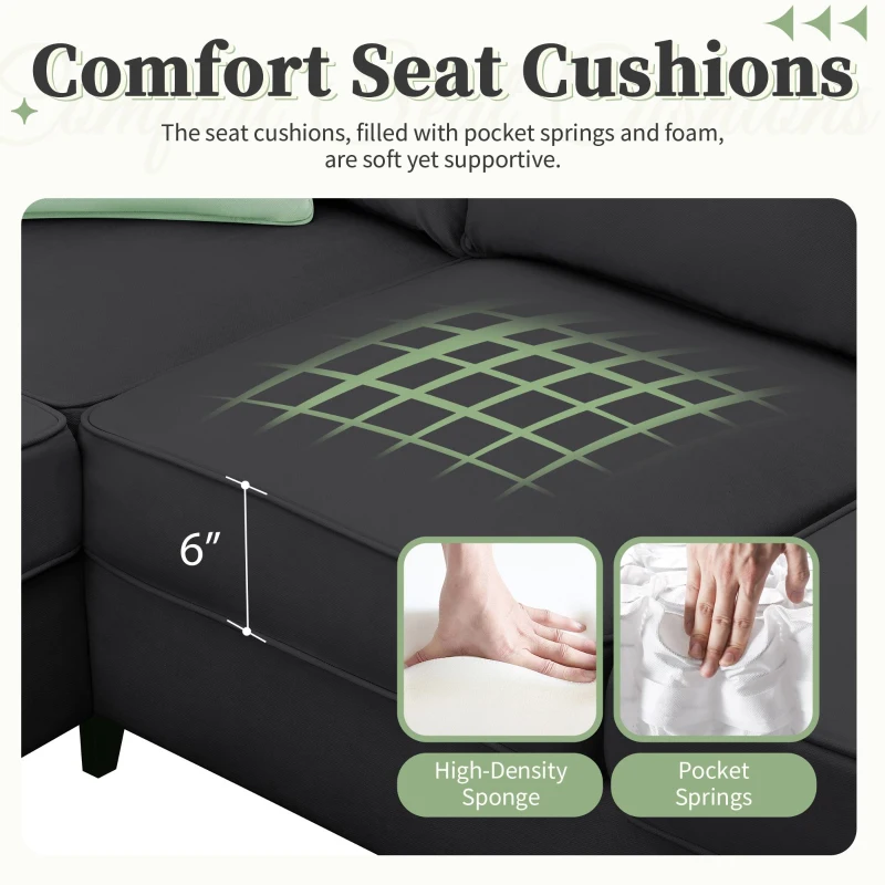 112" x 87" 7-Seater Modular Sofa with Ottoman and 3 Pillows, L-Shaped Fabric Couch Set, Modern Living Room Furniture, Black