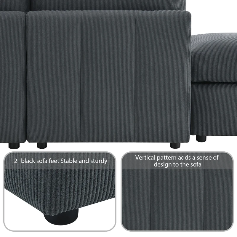 93" Modern Sectional Sofa with Convertible Ottomans and Vertical Stripes, 5-Seat L-Shape Armless Couch Set for Living Room, Dark Gray