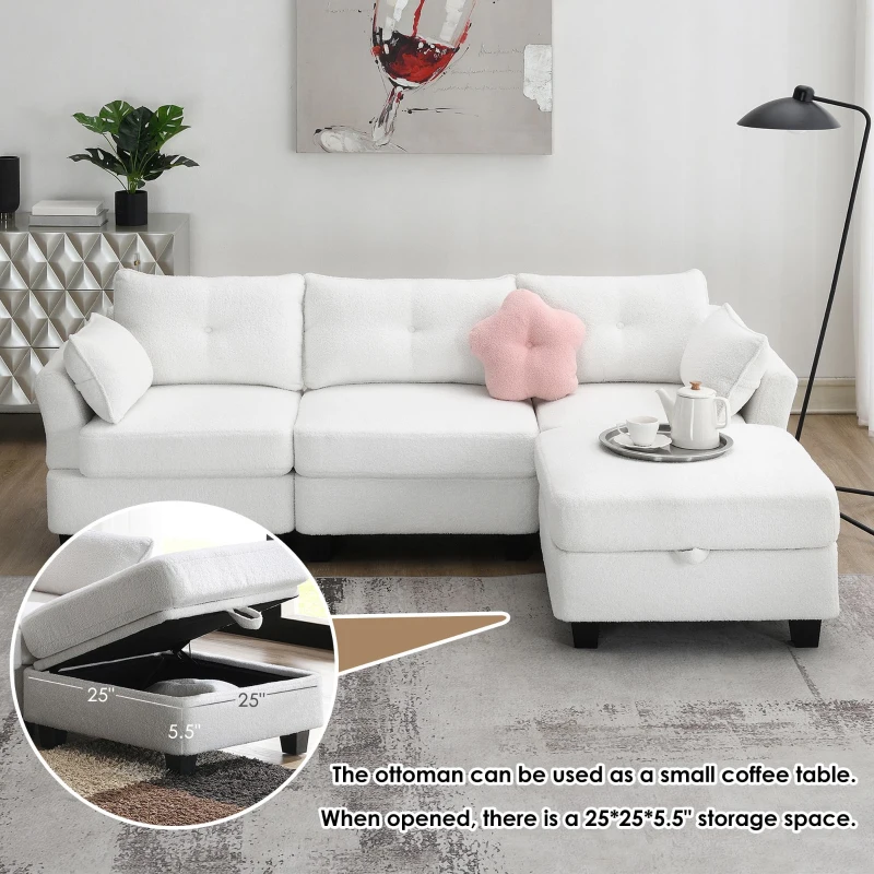 92" x 63" Modern L-Shaped Teddy Velvet Sectional Sofa with Charging Ports, Storage Ottoman and 3 Pillows, for Living Room, Beige