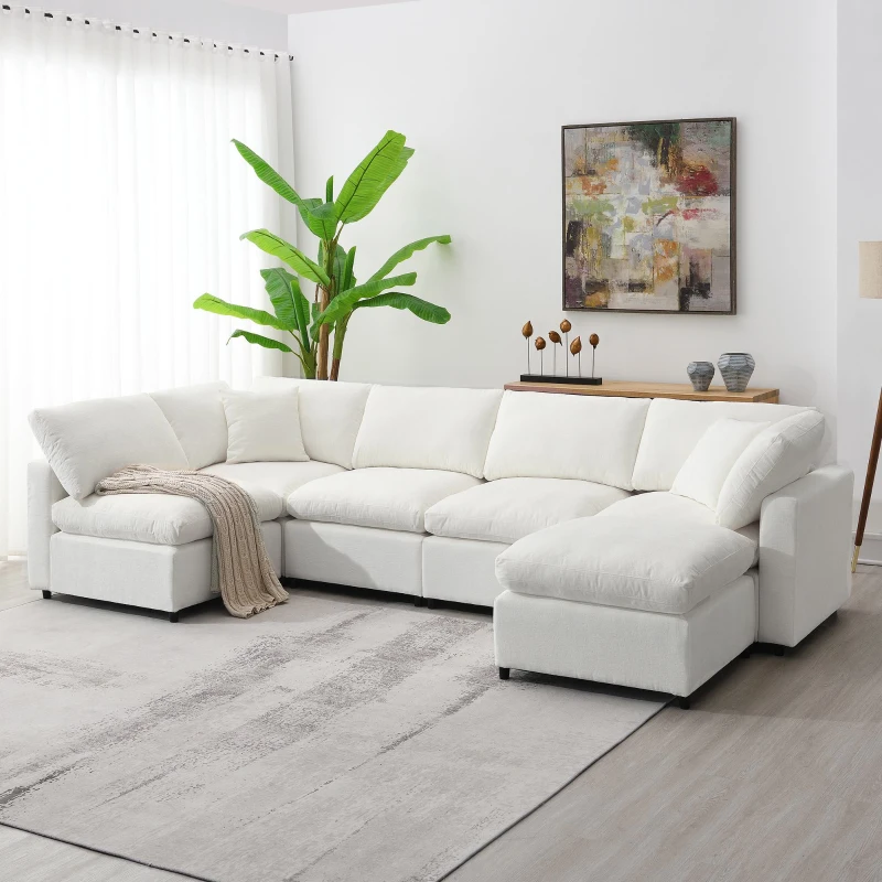 130" x 65" Modern Modular Cloud Sofa Bed with Ottoman, 6-Seat, Convertible U Shaped Sofa for Living Room, Apartment, Beige