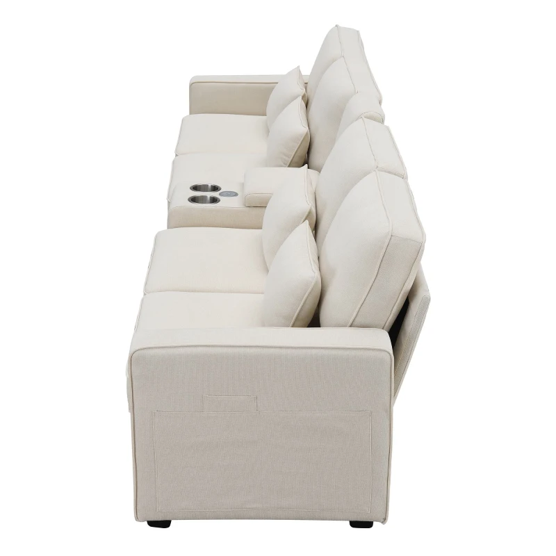 114.5" Modern Linen Fabric Upholstered Sofa with Console, 2 Cupholders, USB Ports, 4 Pillows, 4-Seat, 114.5″ L x 33″ W x 35″ H, Beige