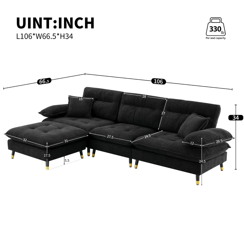 106" L-Shaped Convertible Tufted Sectional Sofa with 4-Seat, Adjustable Legs, Movable Ottoman for Living Room, 106″ L x 66.5″ W x 34″ H, Black