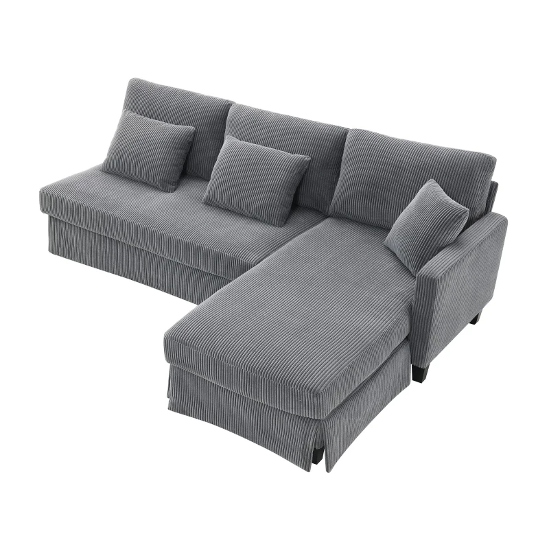87" x 61" Modern L-Shaped Corduroy Sofa with Reversible Chaise, 4-Seat, Couch with Pillows for Living Room, 87″ L x 61″ W x 33″ H, Gray