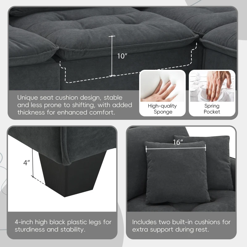 100" Modern L-Shaped Convertible Sectional Sofa with Free Pillows, 4-Seat Sofa for Living Room, 100″ L x 59″ W x 34″ H, Dark Gray