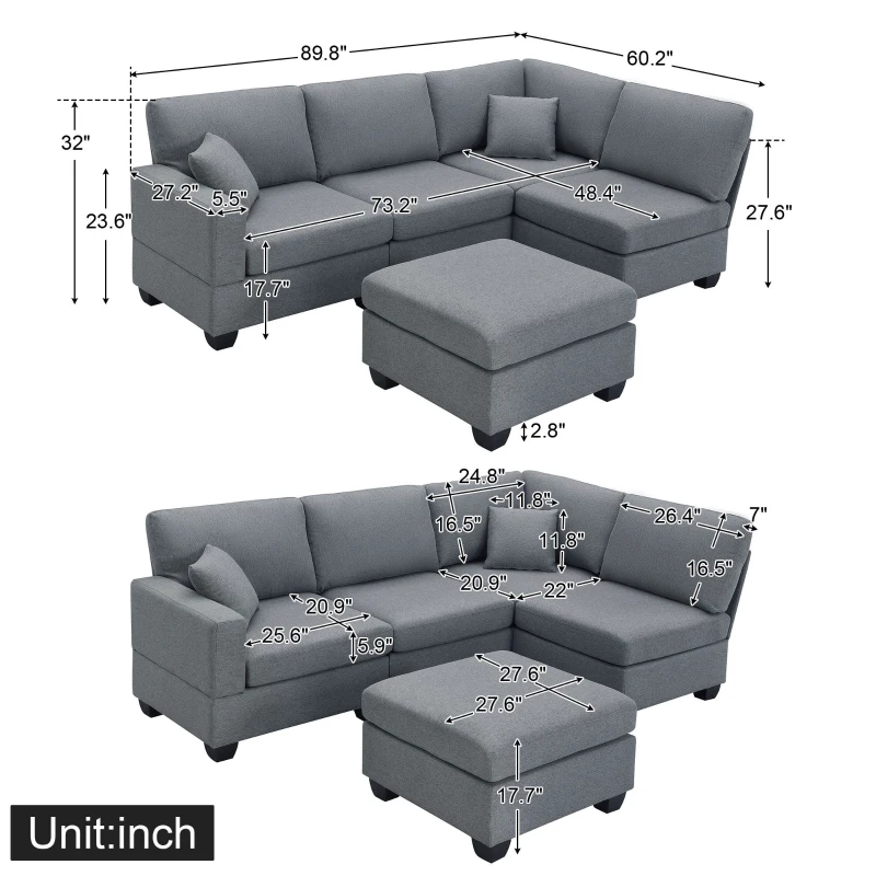 90" Modern L-Shape 5-Seat Sectional Sofa Set with Convertible Ottoman and 2 Pillows, Linen Fabric Couch, 90″ L x 60″ W x 32″ H, Dark Grey