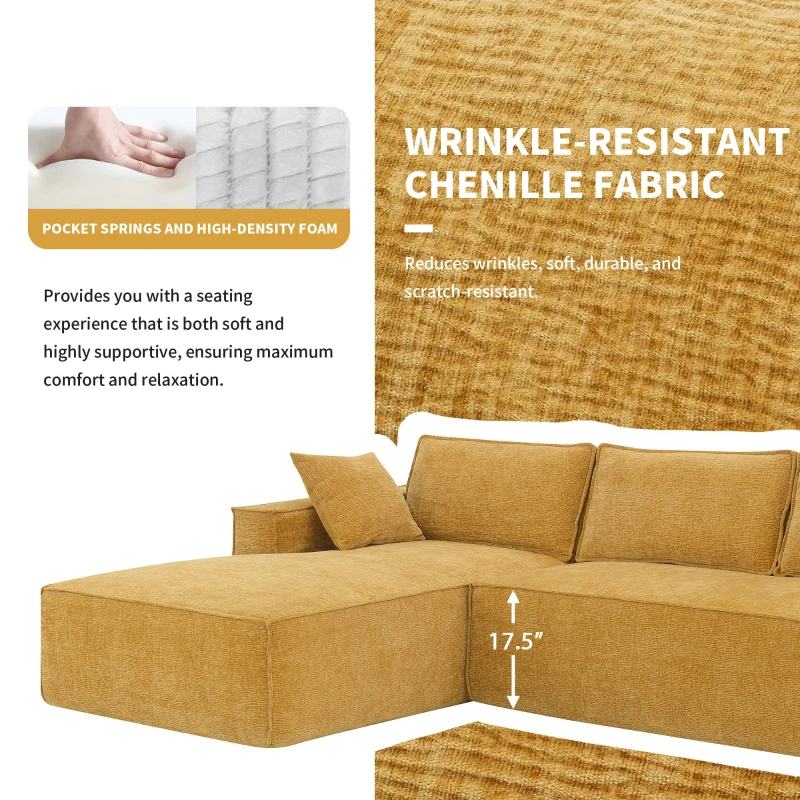 Minimalist Modular Sectional Sofa, Wrinkle-Resistant Chenille, L-Shaped Sleeper, No Assembly Required, 111.5" L x 72" W x 32" H, Yellow