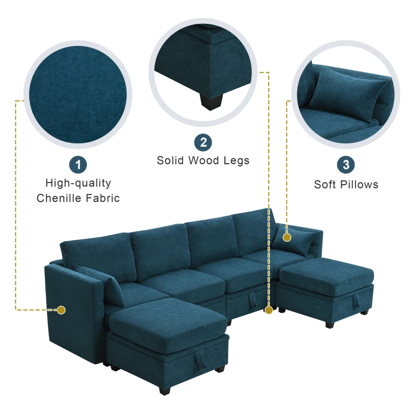 109" U-Shaped Chenille Modular Sectional Sofa with Adjustable Armrests and Backrests, 6-Seat Reversible Sofa, 109″ L x 55″ W x 33″ H, Blue