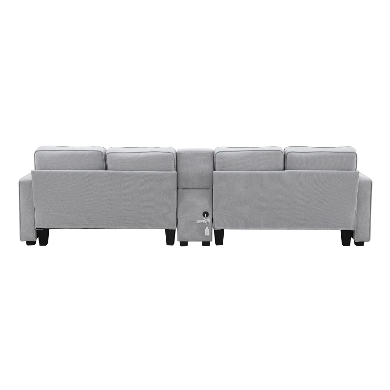114.5" Modern Linen Fabric Upholstered Sofa with Console, 2 Cupholders, USB Ports, 4 Pillows, 4-Seat, 114.5″ L x 33″ W x 35″ H, Light Gray