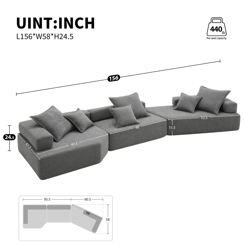 Oversized Modular Sectional Sofa with 3-Piece Free Combination, Convertible Sleeper Couch for Living Room, 156" L x 47.5" W x 24.5" H, Gray