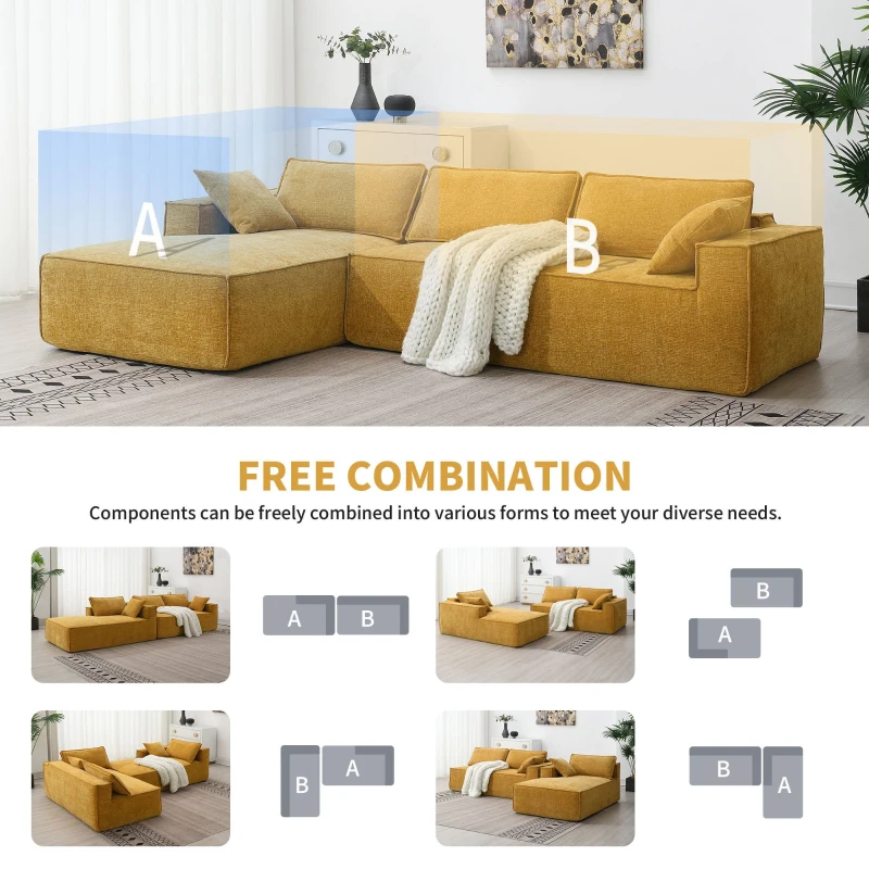 Minimalist Modular Sectional Sofa, Wrinkle-Resistant Chenille, L-Shaped Sleeper, No Assembly Required, 111.5" L x 72" W x 32" H, Yellow