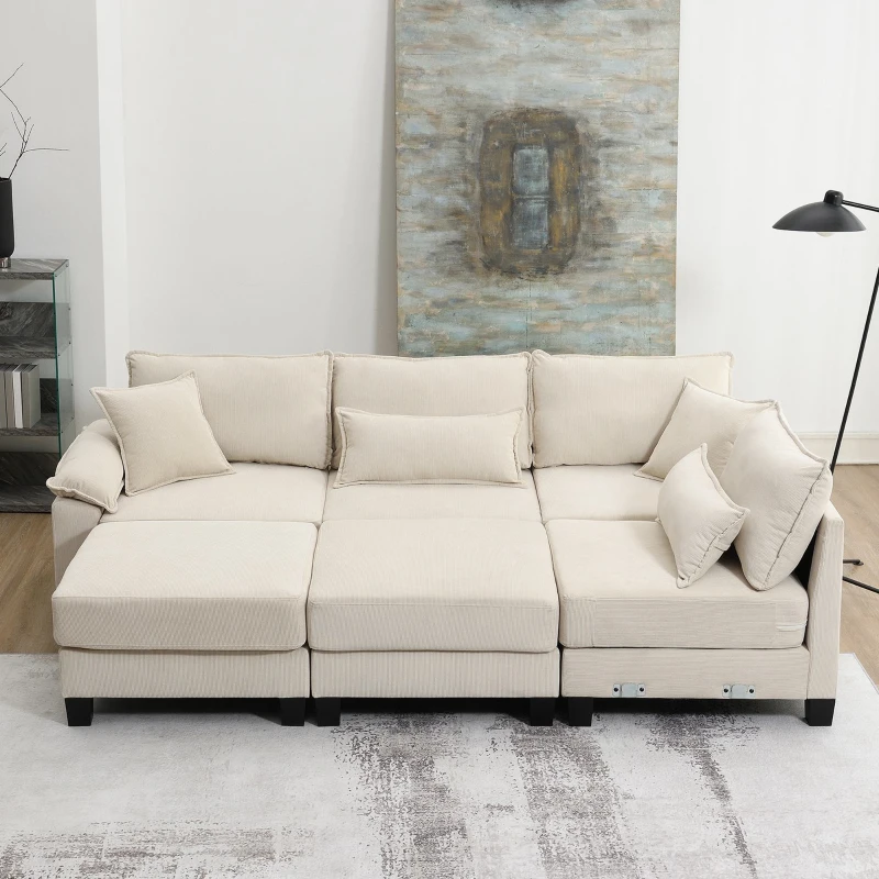 133" x 65" U-Shaped Corduroy Modular Sectional Sofa with Armrest Bags, 6-Seat Freely Combinable Sofa Bed, for Living Room, Beige