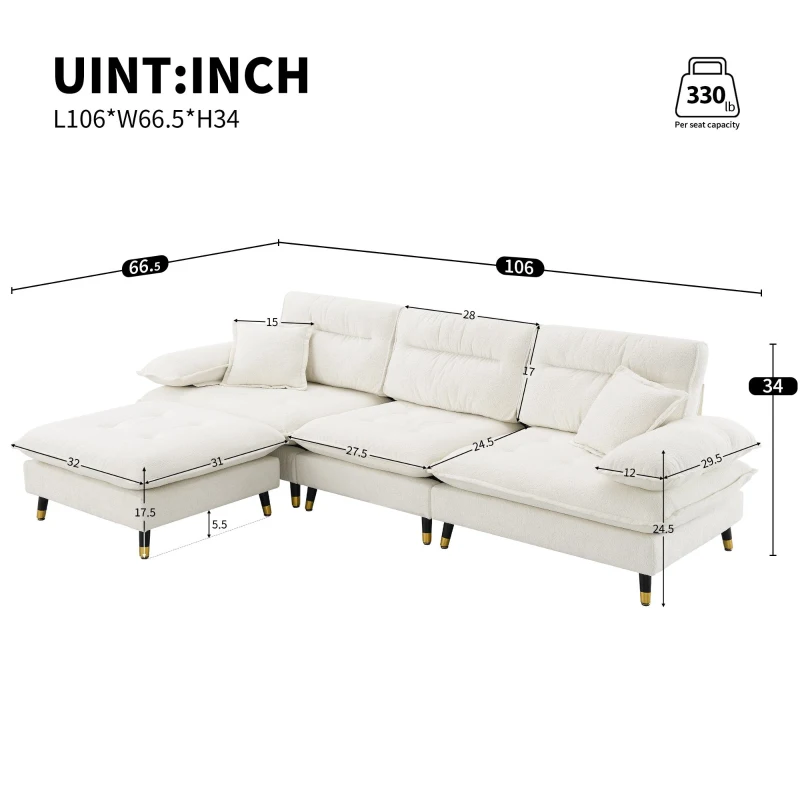 106" L-Shaped Convertible Tufted Sectional Sofa with 4-Seat, Adjustable Legs, Movable Ottoman for Living Room, 106″ L x 66.5″ W x 34″ H, White